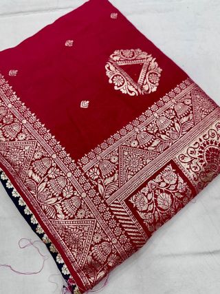 Premium Red Maslin Silk Saree with Gold Zari Work