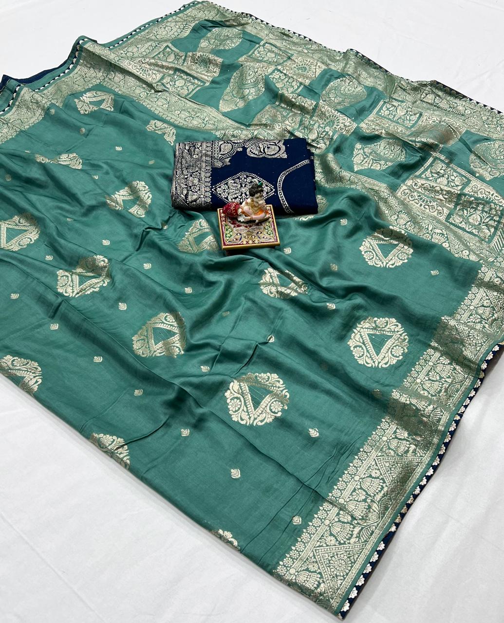 Luxury Sea Green Maslin Silk Saree With Gold Zari