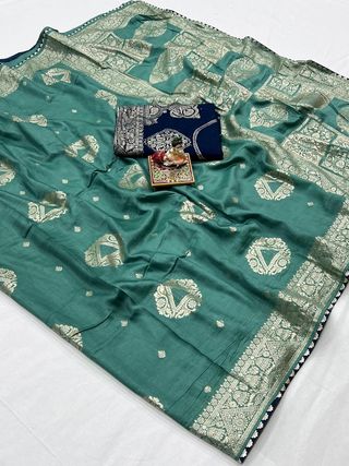 Luxury Sea Green Maslin Silk Saree With Gold Zari