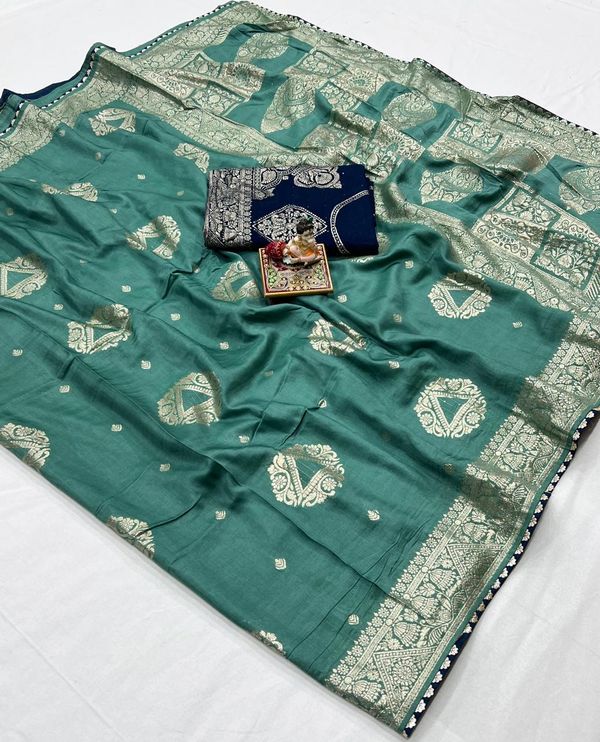 Luxury Sea Green Maslin Silk Saree With Gold Zari