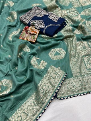 Luxury Sea Green Maslin Silk Saree with Gold Zari