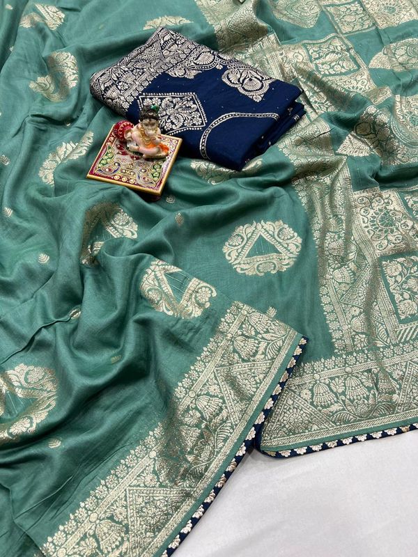 Luxury Sea Green Maslin Silk Saree With Gold Zari
