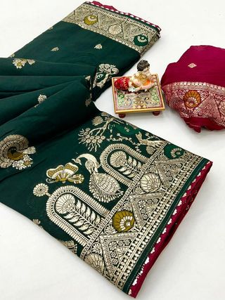 Green Maslin Silk Zari Woven Designer Saree with Blouse