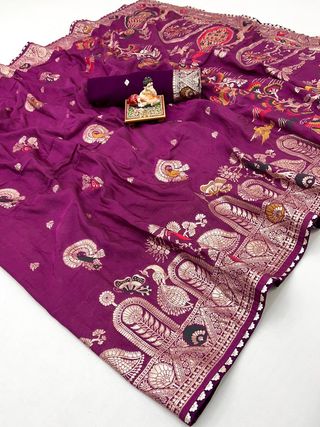 Royal Purple Maslin Silk Saree With Elegant Zari Weave