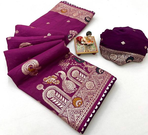 Royal Purple Maslin Silk Saree With Elegant Zari Weave