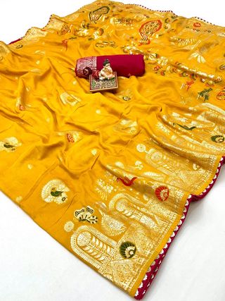 Traditional Mustard Maslin Silk Saree With Rich Pallu