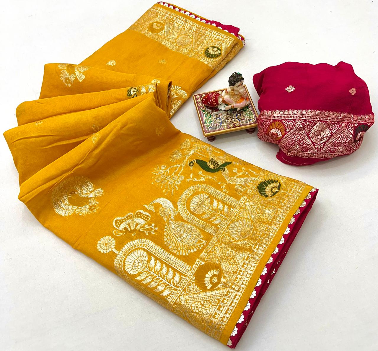 Traditional Mustard Maslin Silk Saree With Rich Pallu