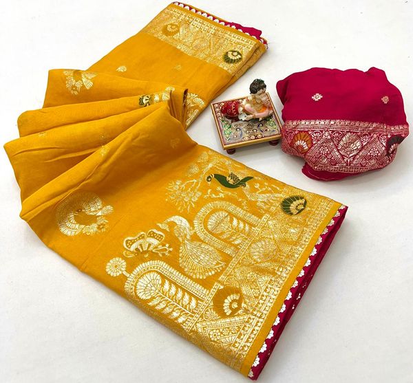 Traditional Mustard Maslin Silk Saree With Rich Pallu