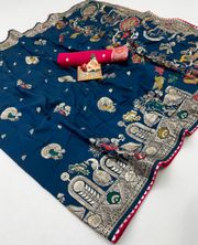 Designer Teal Blue Maslin Silk Saree With Woven Blouse - Teal