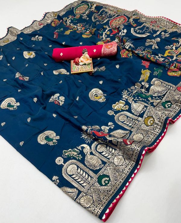 Designer Teal Blue Maslin Silk Saree With Woven Blouse