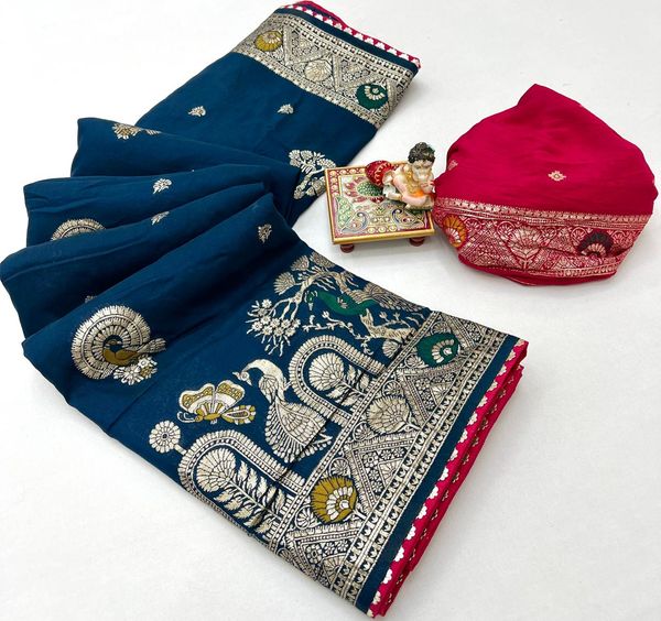 Designer Teal Blue Maslin Silk Saree With Woven Blouse