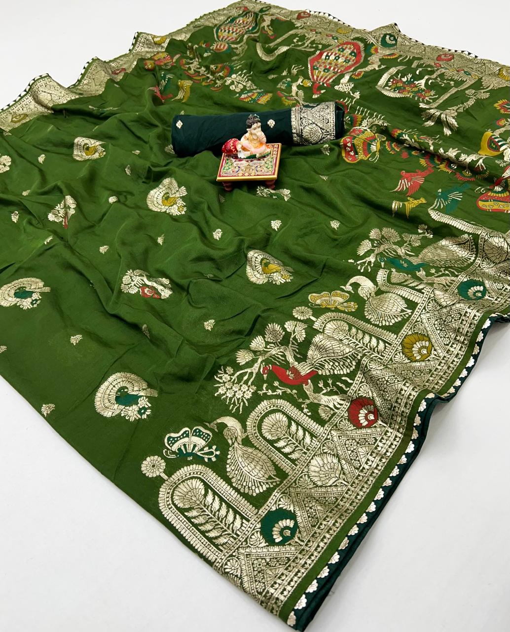 Wedding Wear Olive Green Maslin Silk Saree With Pallu