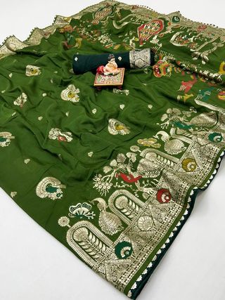 Wedding Wear Olive Green Maslin Silk Saree with Pallu