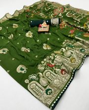 Wedding Wear Olive Green Maslin Silk Saree With Pallu - Green