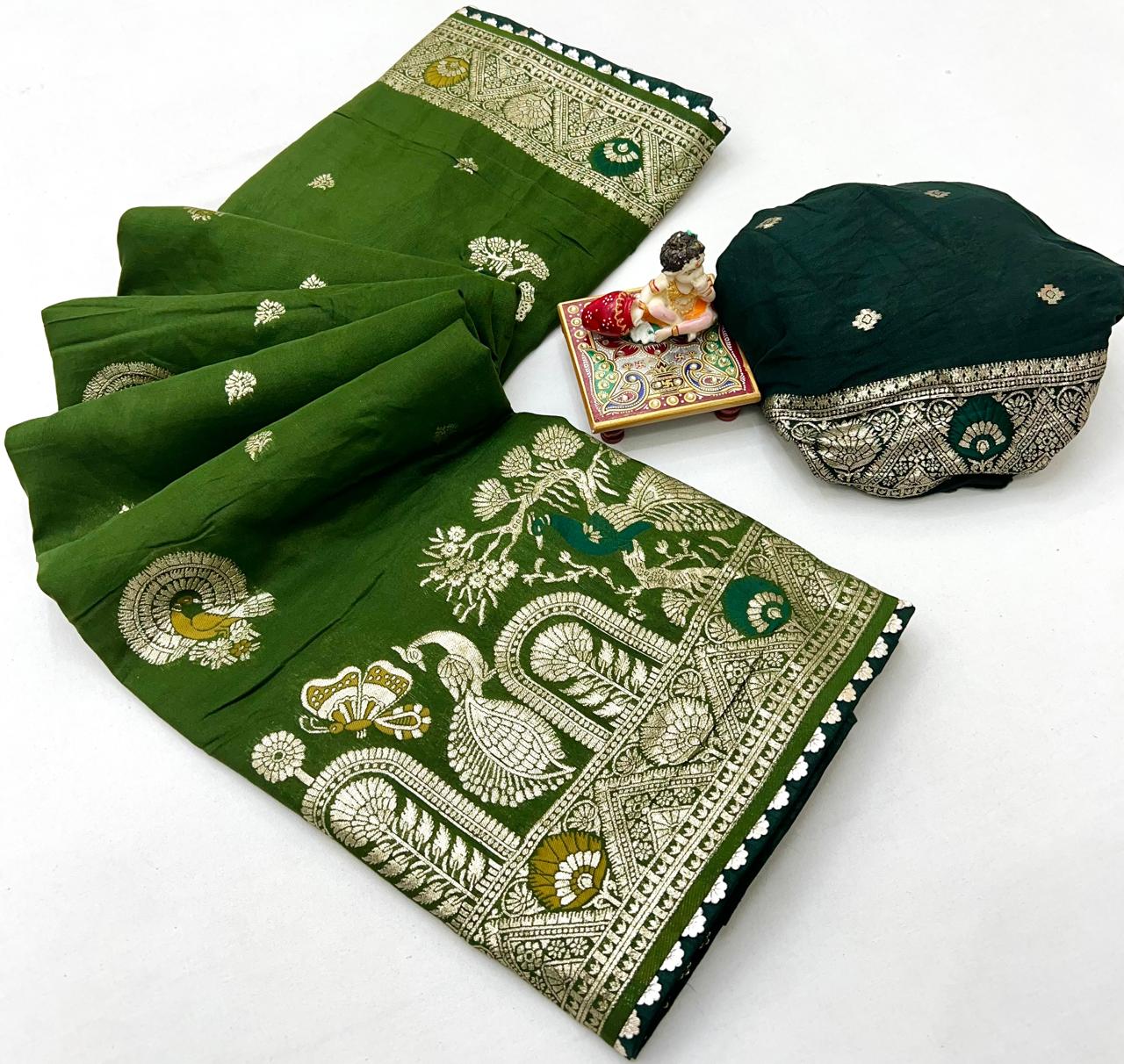 Wedding Wear Olive Green Maslin Silk Saree With Pallu