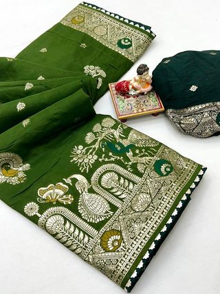 Wedding Wear Olive Green Maslin Silk Saree with Pallu