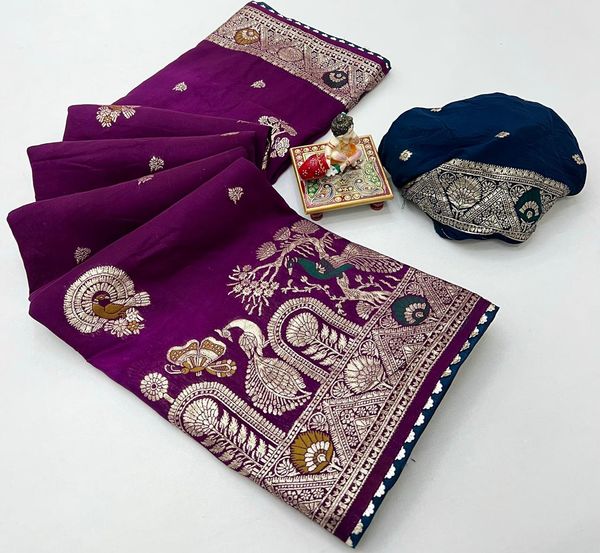 Wine Gold Zari Maslin Silk Saree With Designer Pallu