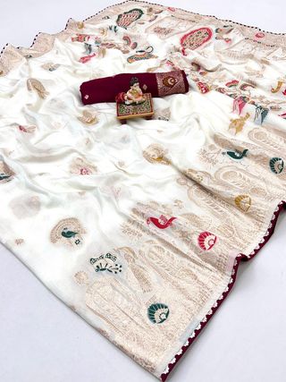 Royal Off White Zari Woven Maslin Silk Saree