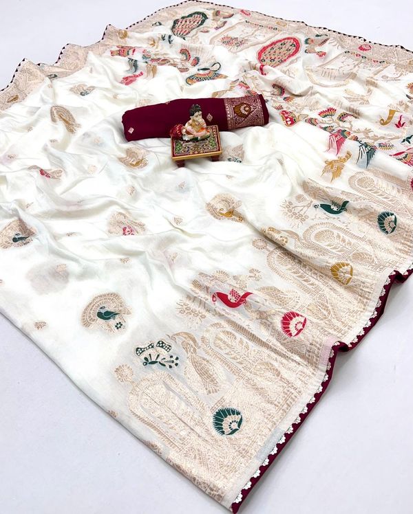Royal Off White Zari Woven Maslin Silk Saree
