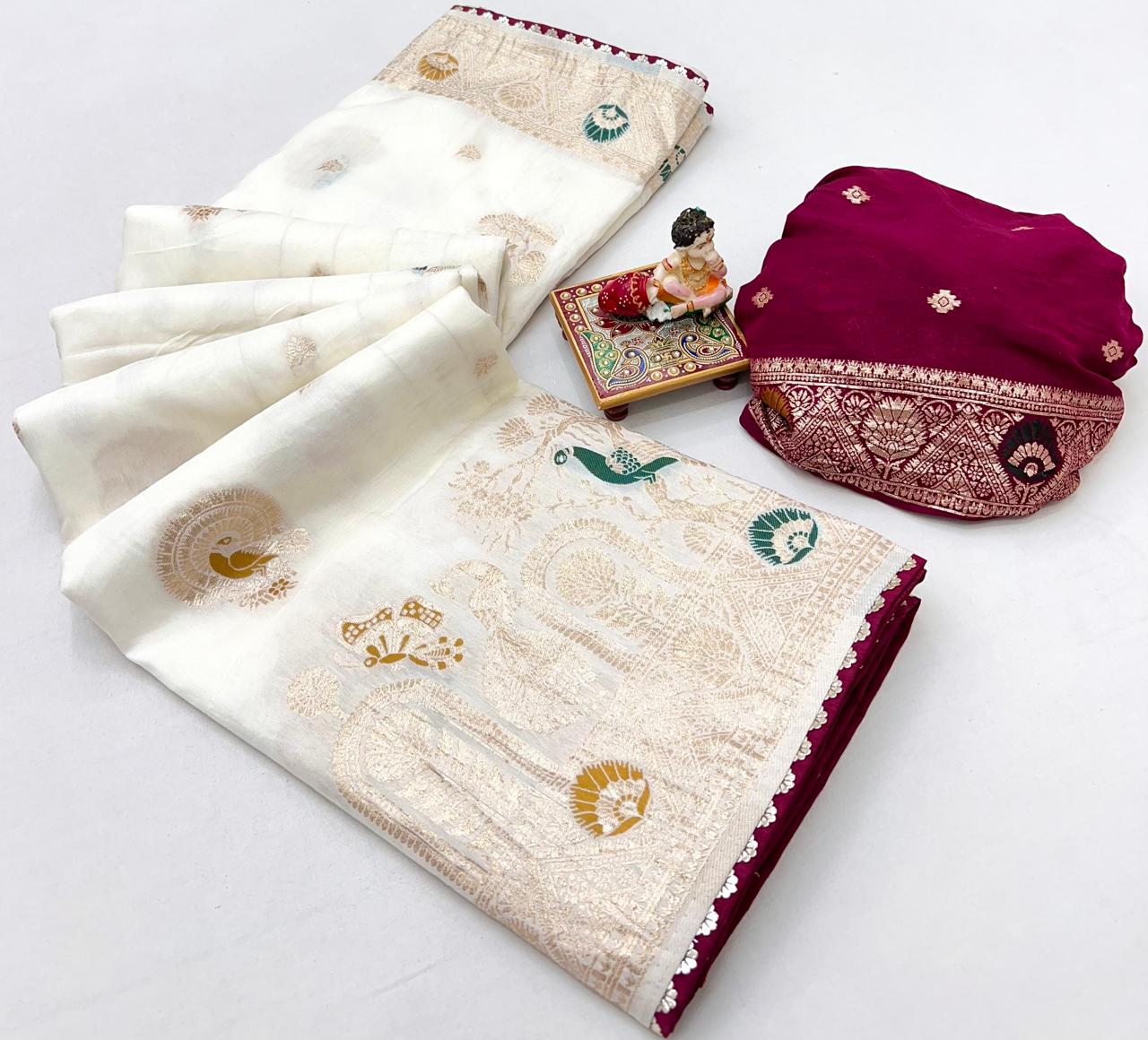 Royal Off White Zari Woven Maslin Silk Saree