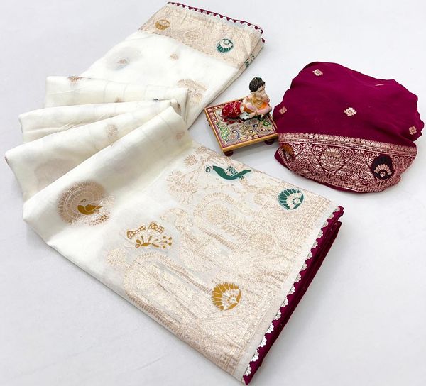 Royal Off White Zari Woven Maslin Silk Saree