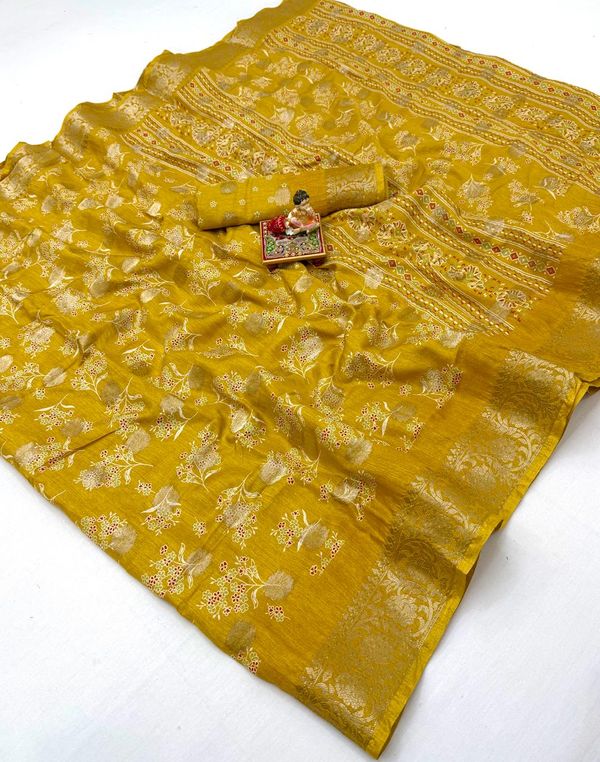 Elegant Mustard Dola Butti Silk Saree With Blouse