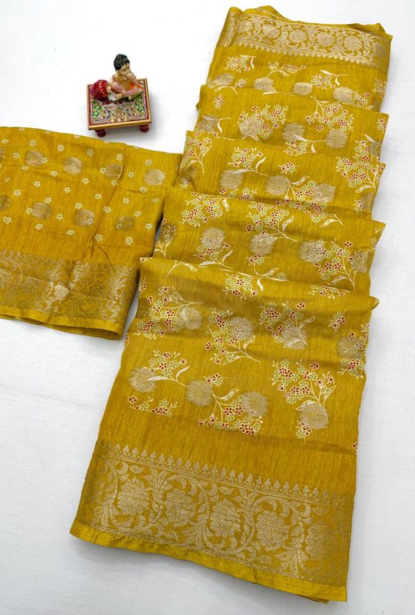 Elegant Mustard Dola Butti Silk Saree With Blouse