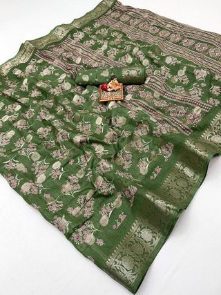Festive Olive Green Dola Butti Silk Saree With Blouse