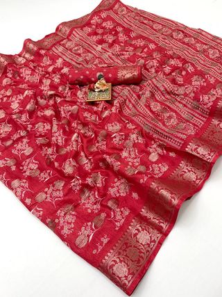 Red Dola Silk Butti Saree With Jacquard Border