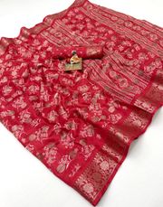 Red Dola Silk Butti Saree With Jacquard Border - Red
