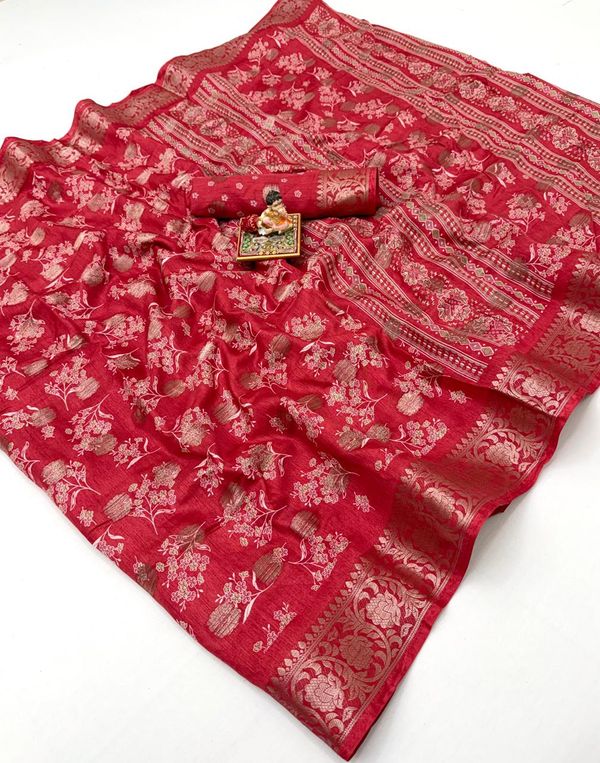 Red Dola Silk Butti Saree With Jacquard Border