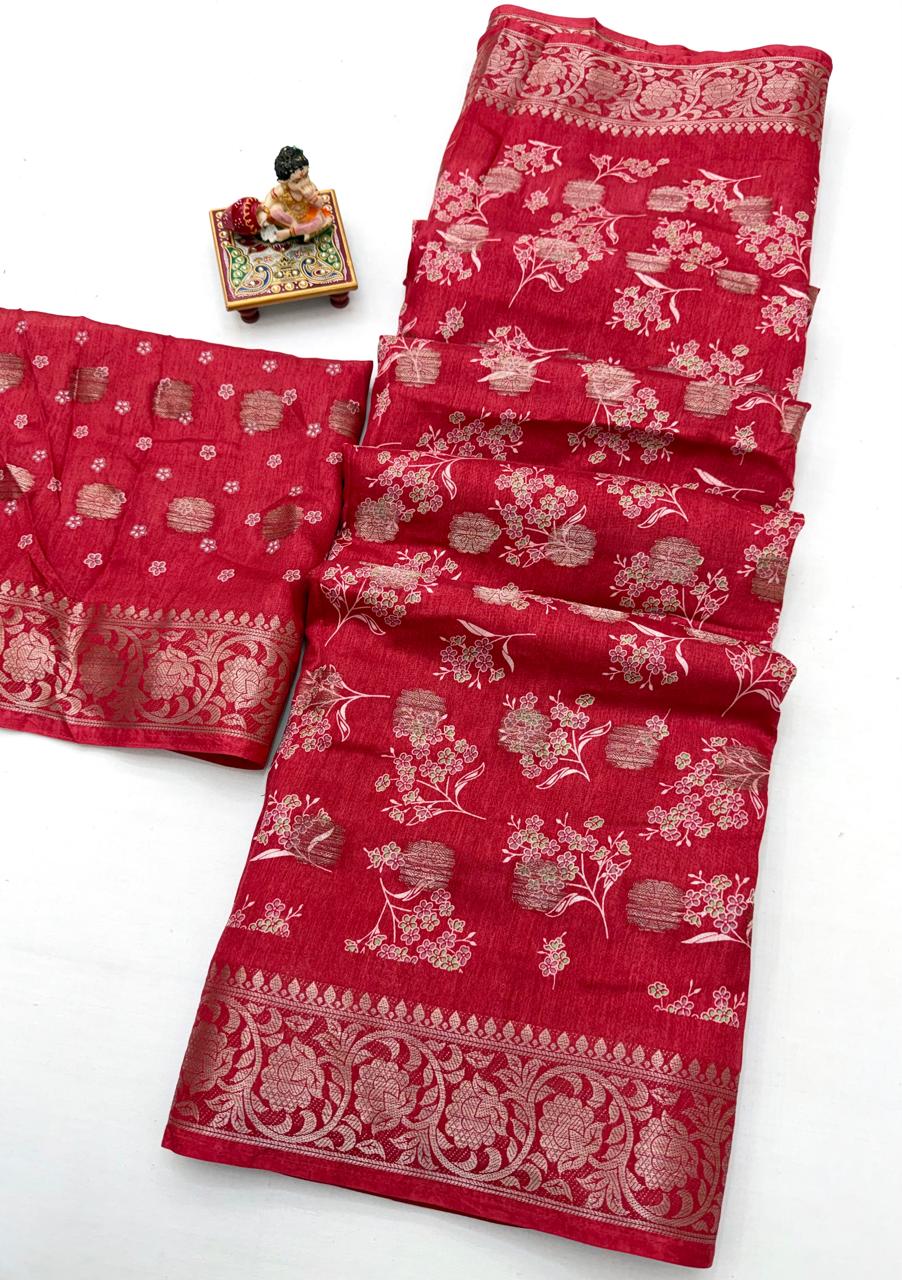 Red Dola Silk Butti Saree With Jacquard Border