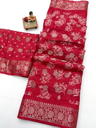 Red Dola Silk Butti Saree with Jacquard Border