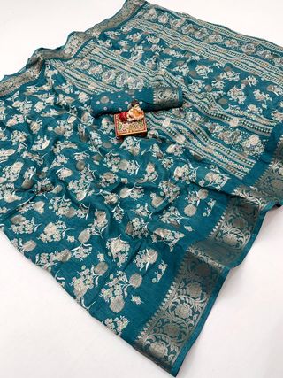 Teal Ethnic Dola Silk Saree With Elegant Jacquard Border