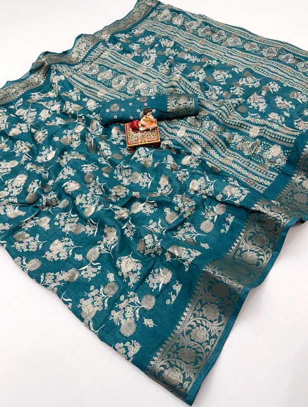 Teal Ethnic Dola Silk Saree With Elegant Jacquard Border