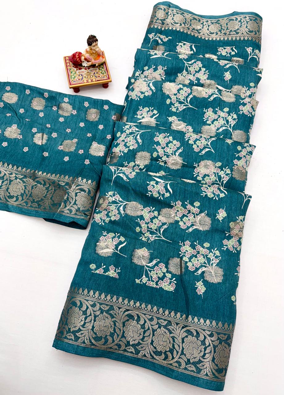 Teal Ethnic Dola Silk Saree With Elegant Jacquard Border