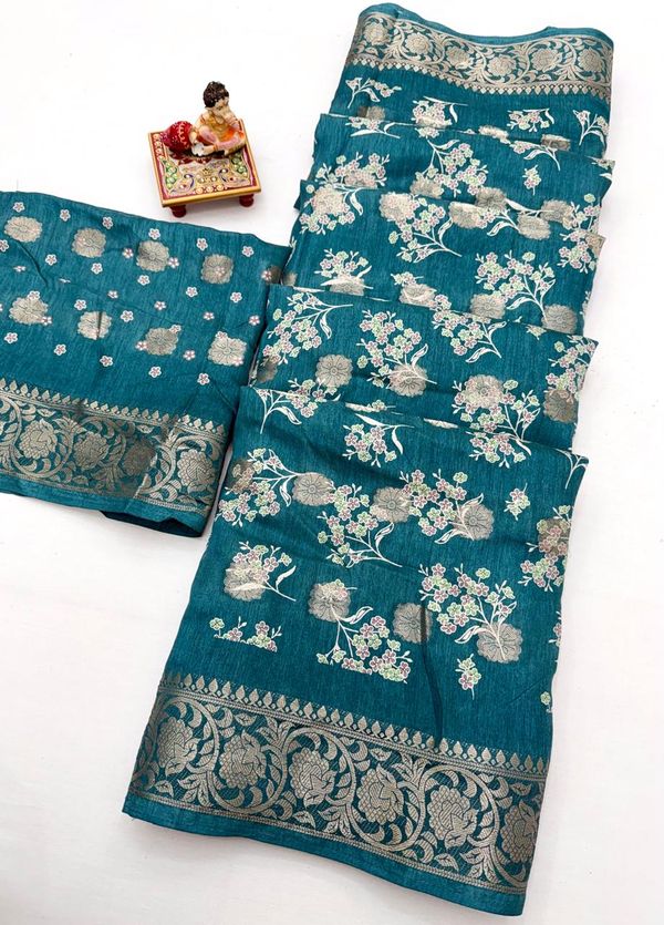Teal Ethnic Dola Silk Saree With Elegant Jacquard Border