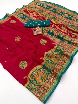 Traditional Red Crush Georgette Silk Saree With Tassel Pallu