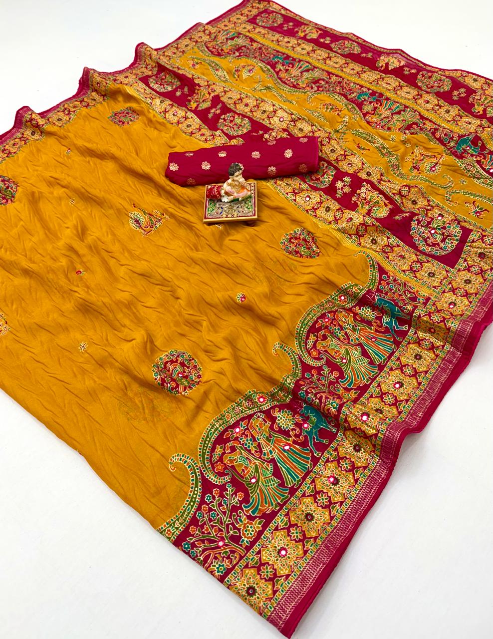 Mustard Moss Georgette Silk Saree With Foil Work