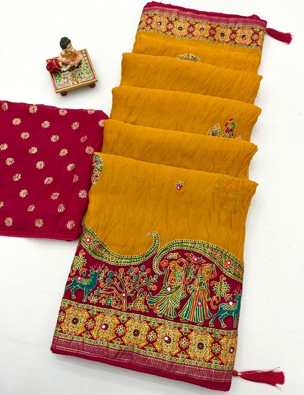 Mustard Moss Georgette Silk Saree With Foil Work