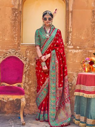 Red Woven Zari Silk Blend Saree With Brocade Blouse