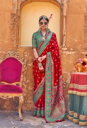 Red Woven Zari Silk Blend Saree With Brocade Blouse - Red