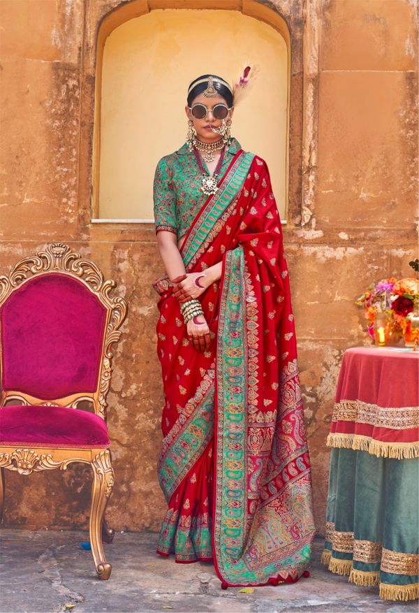 Red Woven Zari Silk Blend Saree With Brocade Blouse