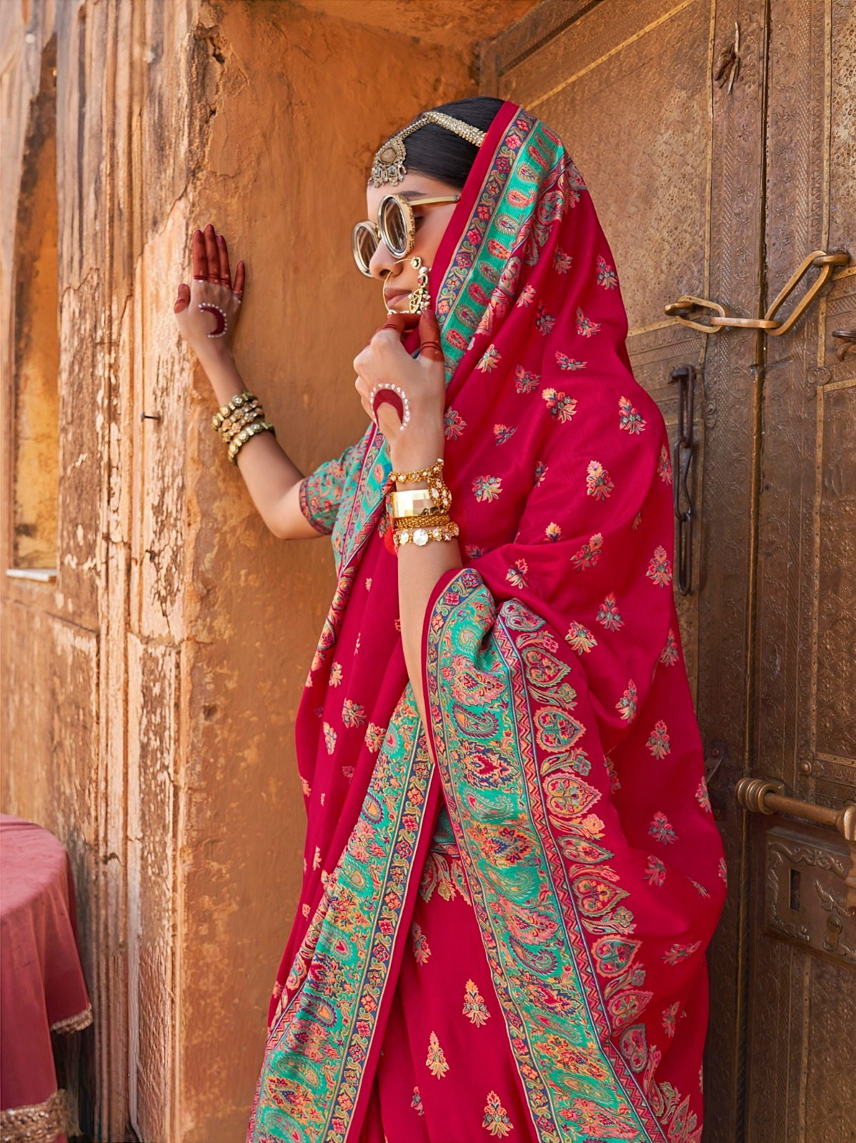 Red Woven Zari Silk Blend Saree With Brocade Blouse