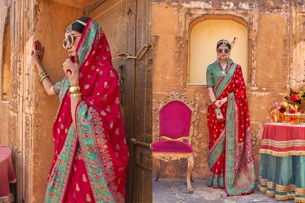 Red Woven Zari Silk Blend Saree With Brocade Blouse