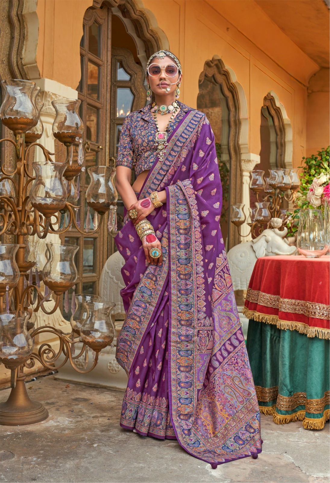 Purple Silk Blend Zari Woven Saree With Brocade Blouse