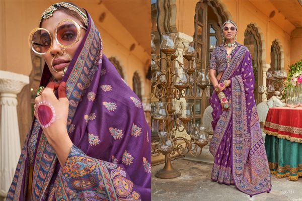 Purple Silk Blend Zari Woven Saree With Brocade Blouse