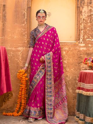 Pink Woven Zari Silk Blend Saree With Brocade Blouse