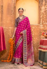 Pink Woven Zari Silk Blend Saree With Brocade Blouse - Pink
