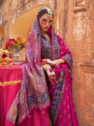 Pink Woven Zari Silk Blend Saree with Brocade Blouse